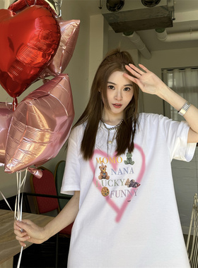 许佳琪同款MOMONANA春季新品爱心可爱印花宽松T休闲百搭短袖上衣