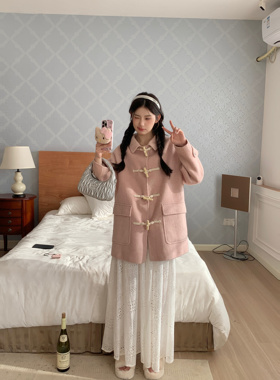 MOMONANA奶油粉中长款牛角扣大衣粉色初恋高级感冬季加厚外套