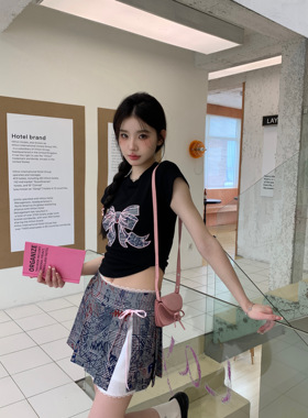 MOMONANA2024夏新款蝴蝶结刺绣黑T短袖设计感灰色涂鸦百褶半身裙