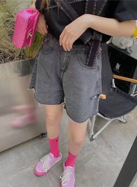  MOMONANA水洗做旧毛边破洞错边扣高腰牛仔裤夏季直筒五分短裤bf