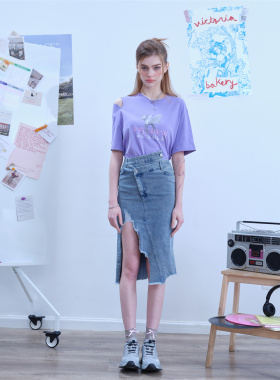 MOMONANA春夏新品不规则高腰开叉百搭牛仔半裙