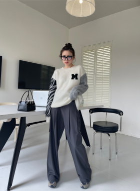 MOMONANA秋冬街头时尚百搭休闲拼接斑马纹套头长袖毛衣