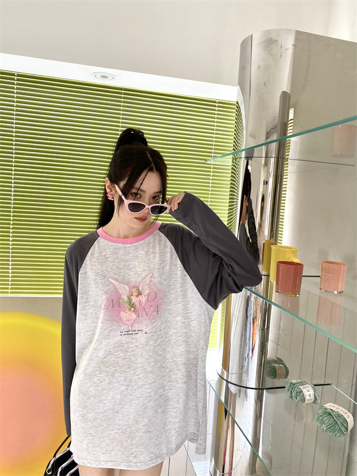 MOMONANA可爱小天使拼色插件长袖t