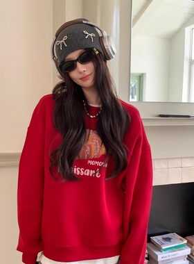 林允同款！MOMONANA秋冬红色加绒假两件面包卫衣灰色抽绳宽松长裤