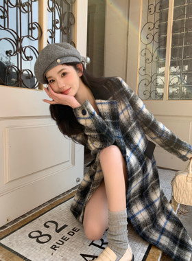 MOMONANA格子羊毛长款外套高腰格子毛呢半身裙子女包臀裙短裙A字