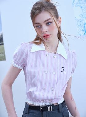 清仓特价！MOMONANA学院风粉色条纹爱心扣短袖衬衫减龄正肩上衣