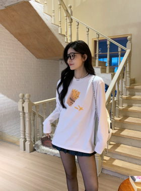 MOMONANA白色薯条长袖T恤百搭神器内搭宽松上衣叠穿打底纯棉上衣