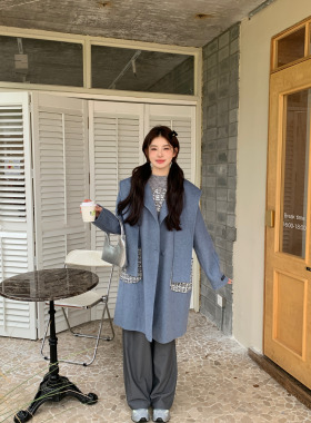 MOMONANA韩版宽松骆毛绒粗花呢口袋拼接手工双面呢外套中长款