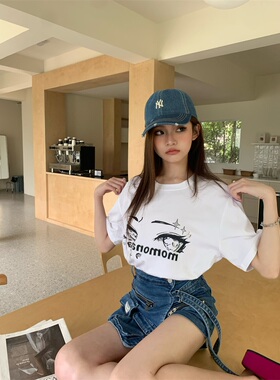 MOMONANA黑色钻饰眼睛短T夏季设计感字母印花休闲百搭宽松上衣