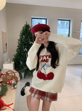 MOMONANA新年圣诞战衣毛绒樱桃白色针织衫红色格子毛呢百褶短裙裤