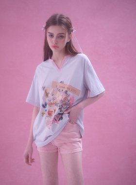 清仓特价MOMONANA涂鸦兔子V领撞色宽松T恤