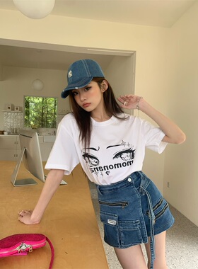 MOMONANA深蓝绑带牛仔短裤不规则多口袋工装A字牛仔宽松阔腿裙裤