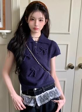 MOMONANA春夏深蓝显白蝴蝶结针织衫黑色蕾丝牛仔长裤