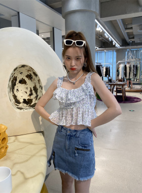 MOMONANA拉链款甜酷女孩牛仔半裙