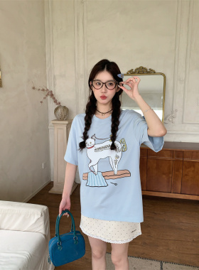 MOMONANA夏季街头时尚百搭舒适蓝色裁缝可爱猫咪宽松显瘦T恤上衣