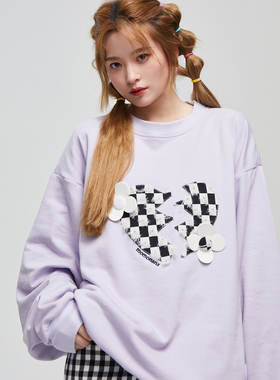 【清仓】MOMONANA破坏棋盘格爱心碎卫衣新品原创小众圆领宽松长袖