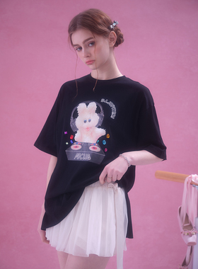 清仓特价MOMONANA夏季韩版摇滚兔子侧开叉钻饰百搭上衣纯棉宽松t