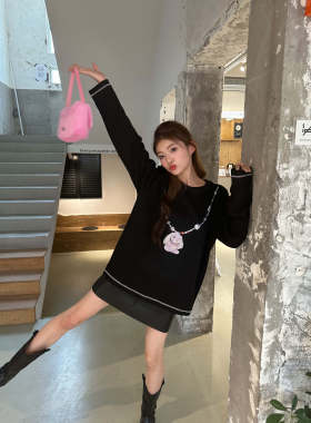 清仓特价！MOMONANA秋冬新款黑色明线项链兔子卫衣圆领套头上衣