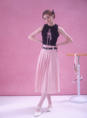 MOMONANA粉色格子半身裙夏季减龄显瘦A字裙黑色绑带无袖针织上衣