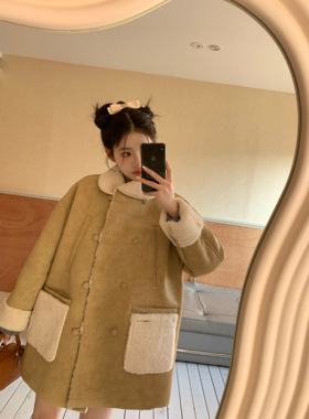 赵露思同款鞠婧祎韩版加厚外套翻领宽松羊羔毛大衣冬保暖宽松上衣