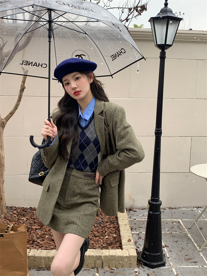 MOMONANA秋冬新品羊毛百搭西装外套A字半裙时尚套装韩系西服