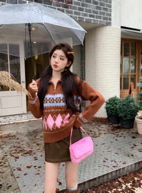 MOMONANA美拉德风棕色复古宽松慵懒风温柔秋冬圆领针织毛衣