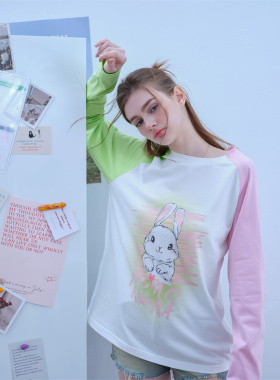 张婧仪徐梦洁同款MOMONANA春夏新品粉绿拼色兔子印花长袖T恤短裤