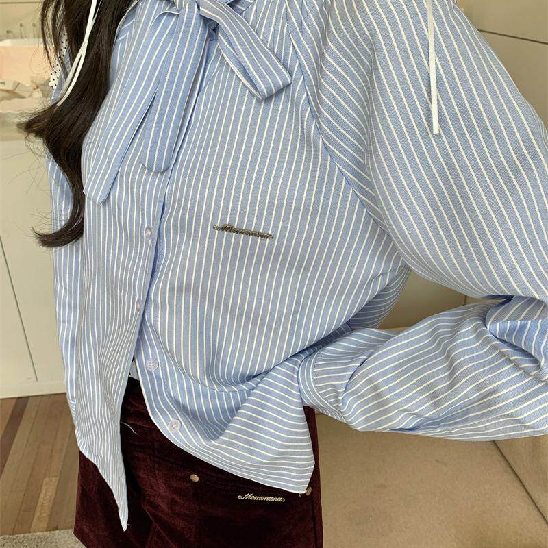 MOMONANA秋冬新品学院风百搭领口蝴蝶结系带蓝色条纹长袖衬衫
