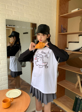 MOMONANA小恐龙插肩袖长款T恤秋季纯棉宽松休闲美式甜酷印花上衣