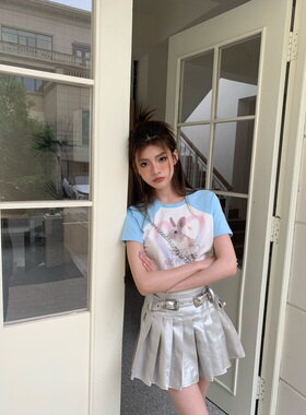 清仓！MOMONANA亮色插肩袖兔子短T减龄纯棉印花短上衣