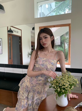 MOMONANA黄色鱼尾吊带度假长裙女夏季沙滩裙碎花高级感气质连衣裙