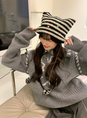 MOMONANA秋冬新品黑色条纹可爱减龄百搭设计款保暖猫咪针织帽