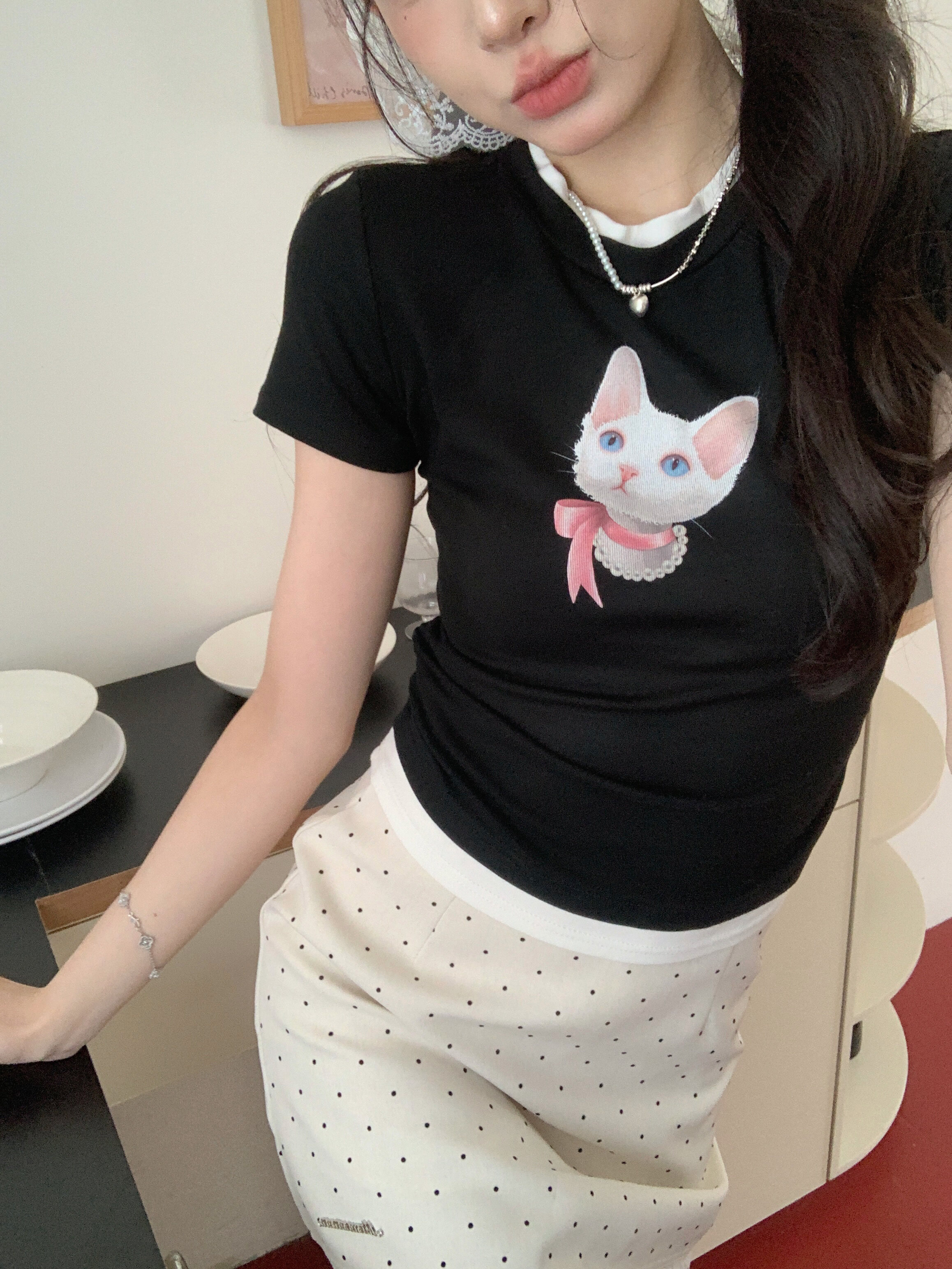 MOMONANA夏季猫咪假两件短袖T恤上衣波点蕾丝边短裙辣妹显瘦A字裙