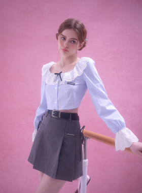 MOMONANA沈梦辰同款蕾丝领蓝色条纹学院风侧边蝴蝶结百褶高腰短裙