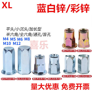 蓝白彩锌内外半六角通孔盲孔拉铆螺母国标平头全六角小沉头拉帽