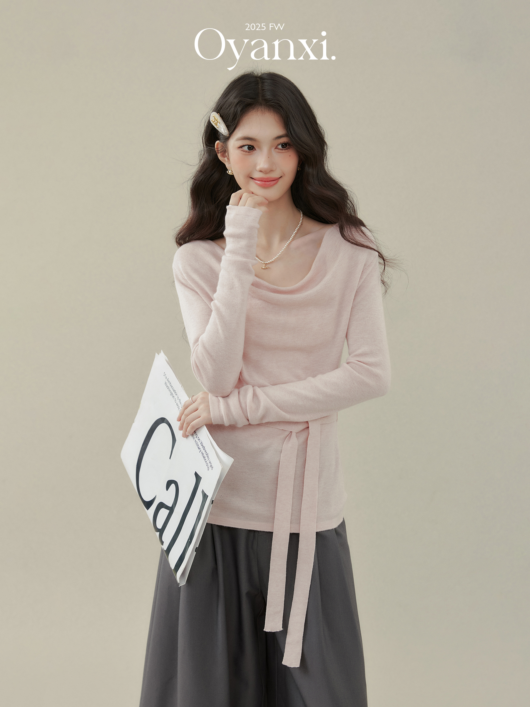 Autumn Girlfriend Swing Collar Shoelace Long sleeves Knitwear Women's Early Autumn Outwear Pink Chic Tops
