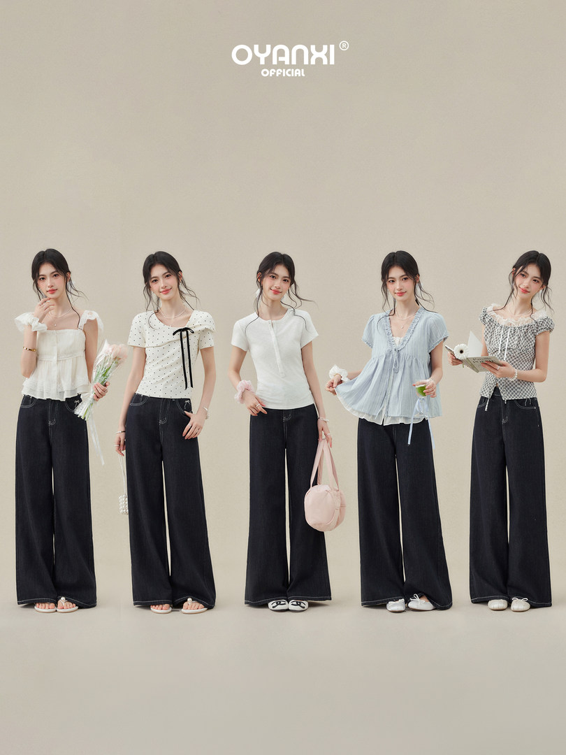 Fashion promo image showing five women modeling different casual tops with black wide-leg pants