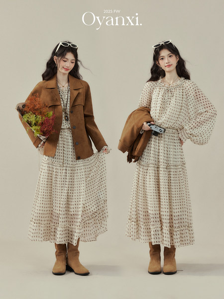 Fashion campaign photo of two women wearing patterned dresses with brown jackets and boots