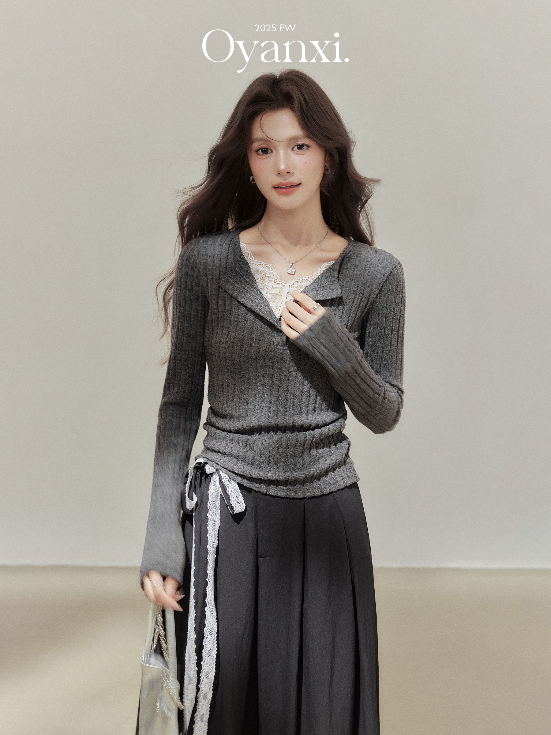 Gentle Trap Lace Fake Two-Piece V-Neck Knit Top for Women, 2025 New Style, Waist-Cinching Long-Sleeve Top
