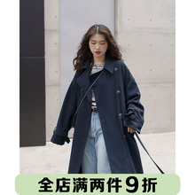 宽松过膝大衣开衫 欧阳喜中长款 韩版 新款 翻领气质外套 风衣女春秋装