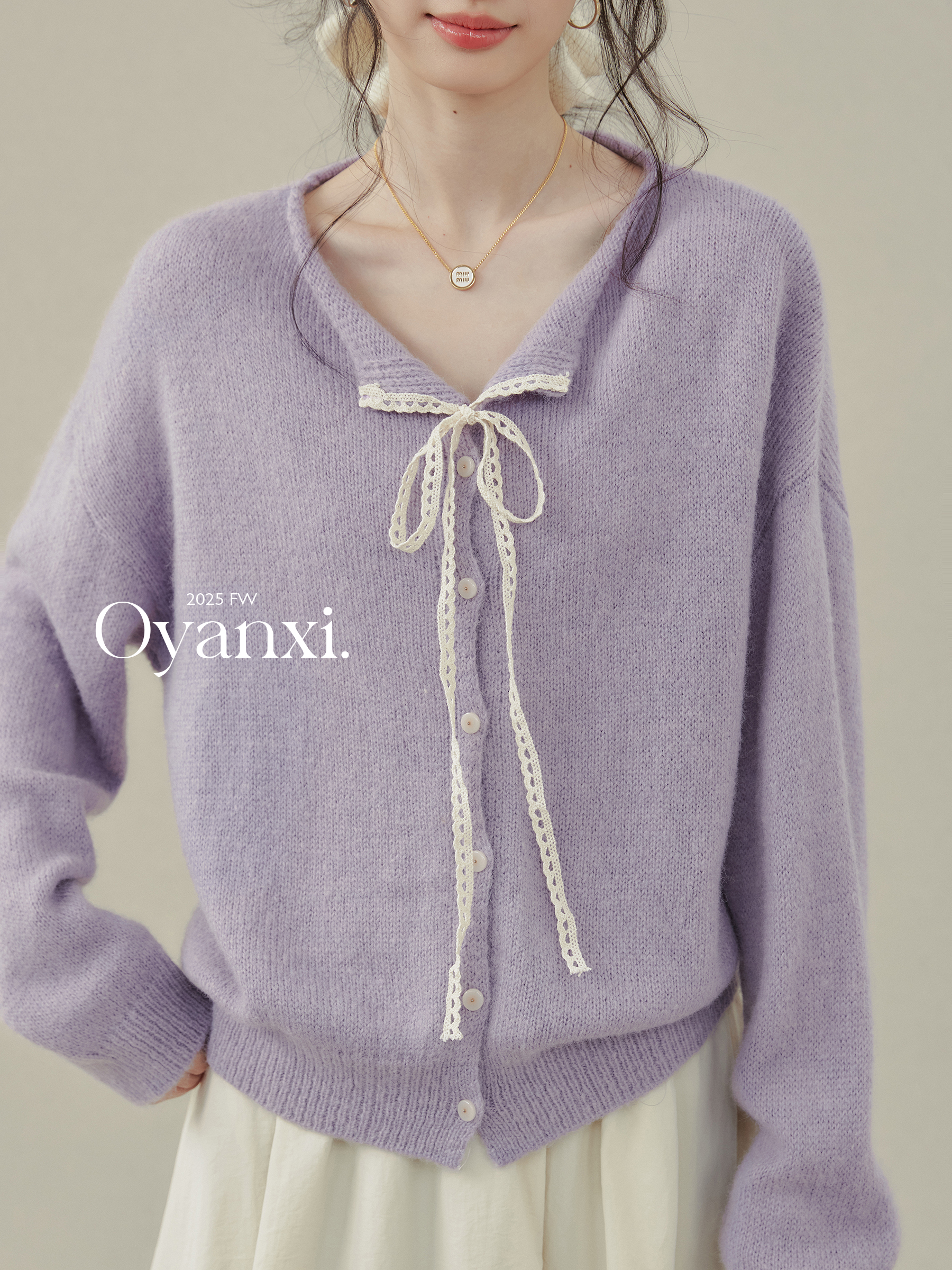 Tulip Lace Splicing Soft Sweater for Women, Autumn Purple V-Neck Long-Sleeve Knit Top