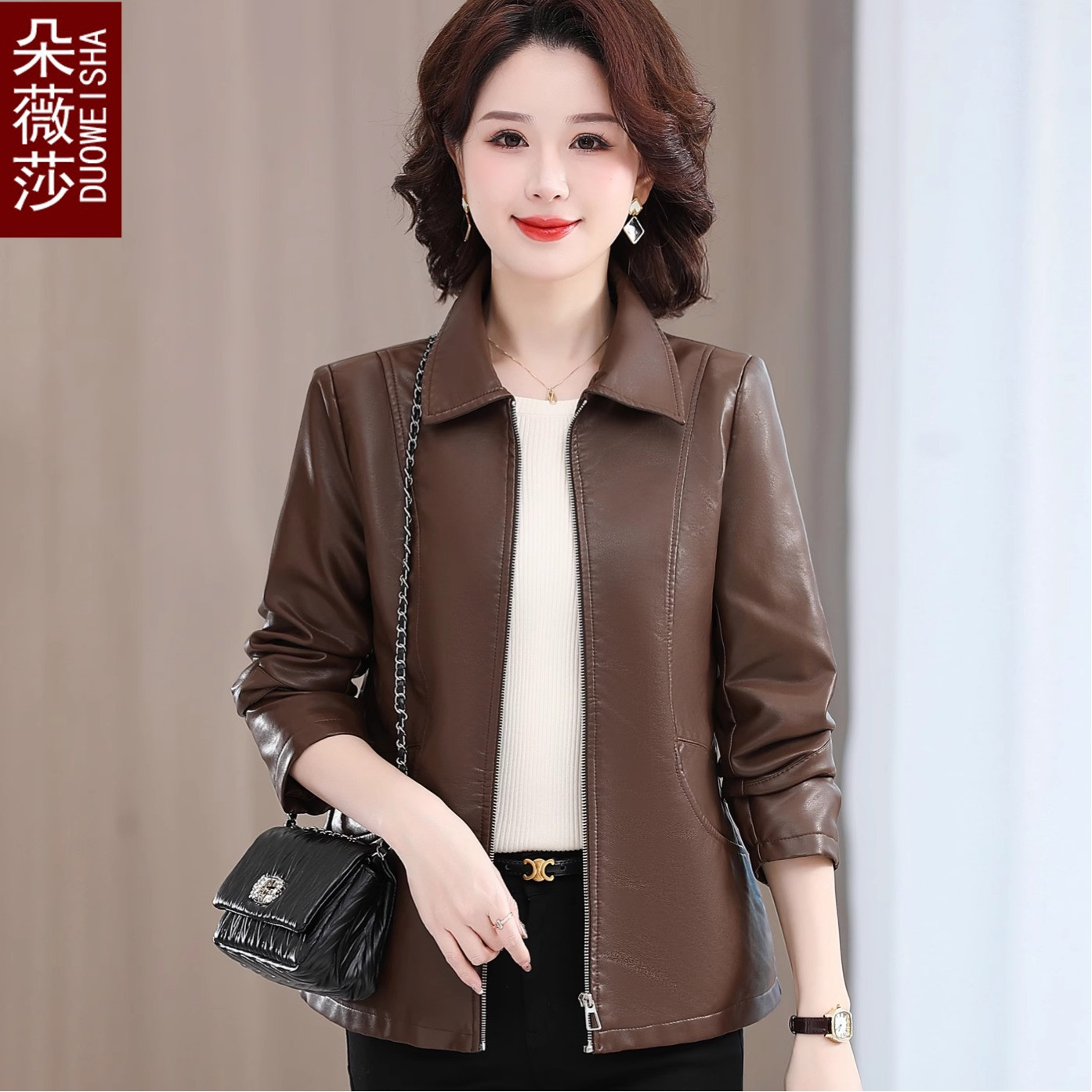海宁皮衣中年妈妈秋装新款皮夹克中老年人女外套时尚休闲绵羊皮