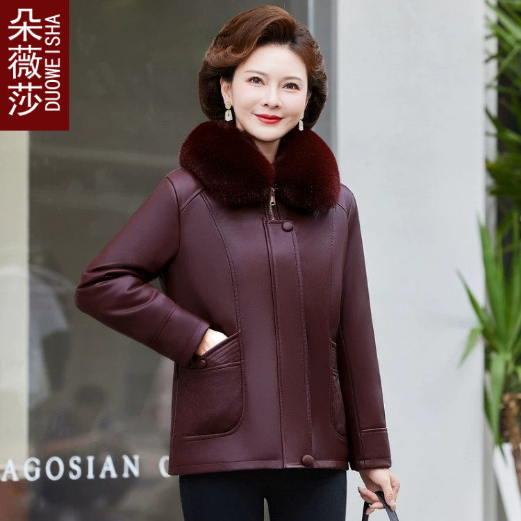 加绒加厚PU皮衣40岁50妈妈冬装中年女装中老年人棉衣中长款皮棉袄