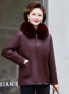 加绒加厚PU皮衣40岁50妈妈冬装中年女装中老年人棉衣中长款皮棉袄