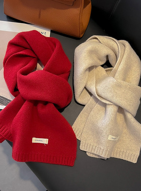 新年红色澳洲100%绵羊毛围巾小巧纯色针织围巾女加厚保暖护颈