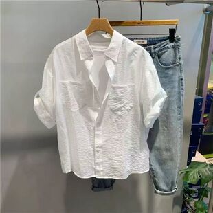 夏季亚麻皱感衬衫韩版七分袖薄款透气棉麻立领衬衣男短袖时尚T恤