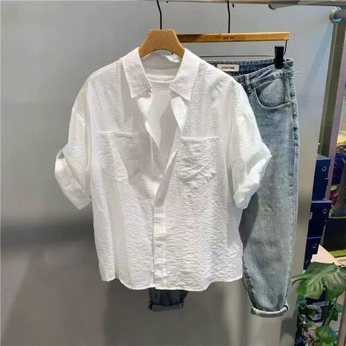 夏季亚麻皱感衬衫韩版七分袖薄款透气棉麻立领衬衣男短袖时尚T恤