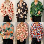 秋季 潮 男ins痞帅港风复古衬衣高级感宽松垂感印花寸衫 长袖 花衬衫