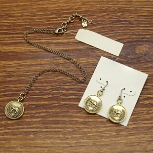 浮雕大象森女文艺范复古VINTAGE双面做工耳环坠项链套装
