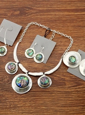 西洋欧美幻彩鲍贝设计师腔调森女文艺范耳钉环坠项链套装